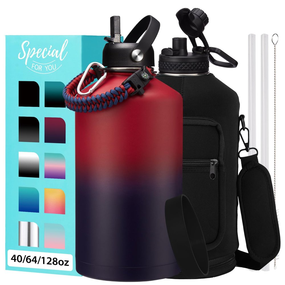 1 Gallon Water Bottle with Straw - 128oz Stainless Steel Water Jug with Sleeve Carrier Bag, Auto Spout Lid, Paracord Handle, Large Insulated Water Bottles Gallon Water Jug, Metal Hydro Thermo Flask