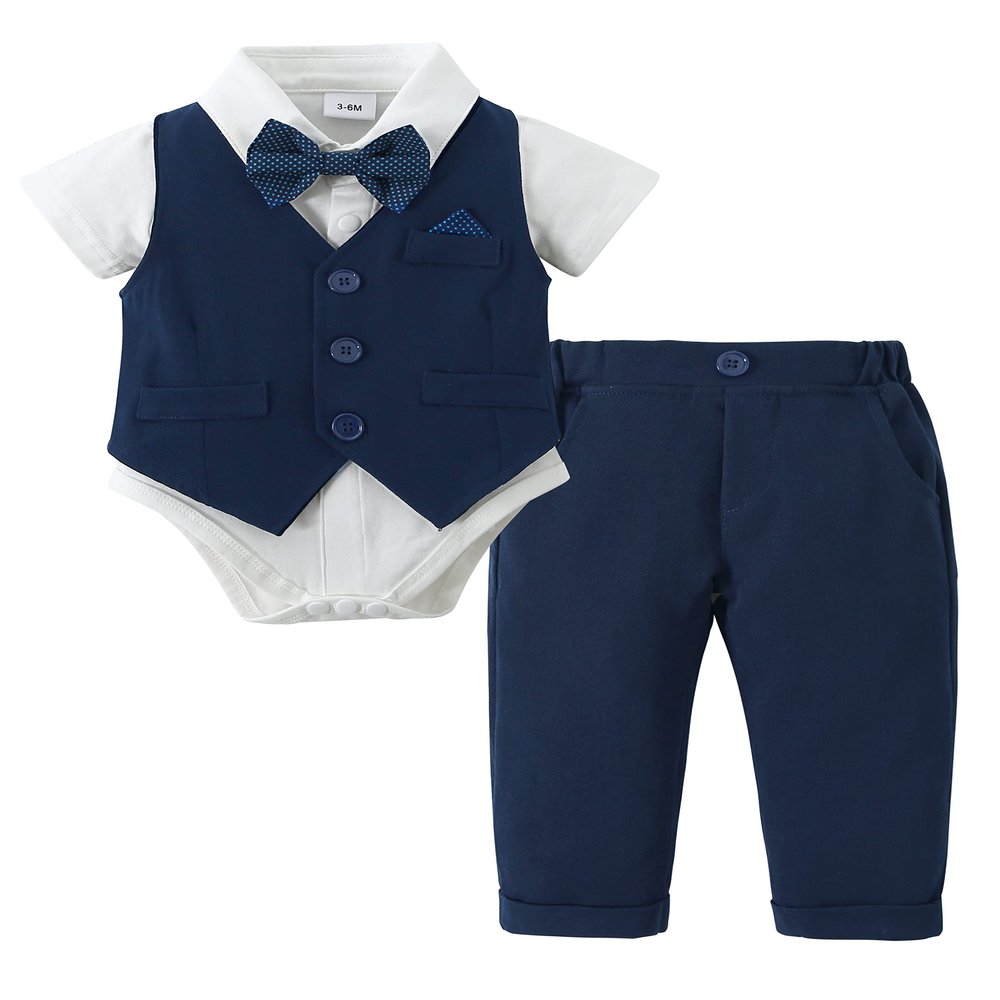 DISAUR Baby Boy Clothes Toddler Boy Outfits, 4PC Gentleman Short Sleeves Romper + Vest + Pants + Bow Tie Cotton Suit Set (Navy Blue, 6-9 months)