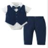 DISAUR Baby Boy Clothes Toddler Boy Outfits, 4PC Gentleman Short Sleeves Romper + Vest + Pants + Bow Tie Cotton Suit Set (Navy Blue, 6-9 months) view 1