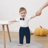DISAUR Baby Boy Clothes Toddler Boy Outfits, 4PC Gentleman Short Sleeves Romper + Vest + Pants + Bow Tie Cotton Suit Set (Navy Blue, 6-9 months) view 2