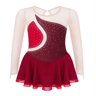 TSSOE Kids Girls Long Sleeve Sequins Printing Ice Roller Figure Skating Dress Illusion Ballet Dancewear F01 14 Years