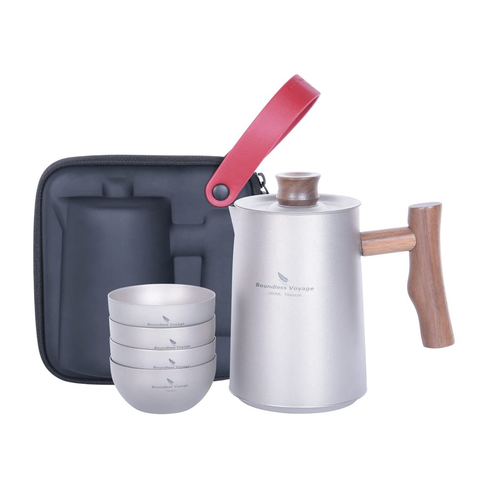 Boundless Voyage Camping Titanium Cup, Mug Ultralight Camping Travel Tea Service Water Cup Outdoor Coffee Pot Kettle Cups Drinkware with Foldable Handle (Kettle+4cups(titanium color) Ti3117D