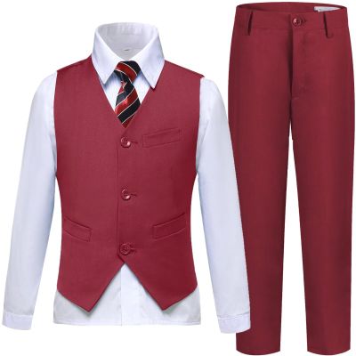 Boys Suits Slim Fit Toddler Kids Burgundy Suits for Boys Dress Vest Pants Set Wedding Ring Bearer Outfits Size 3