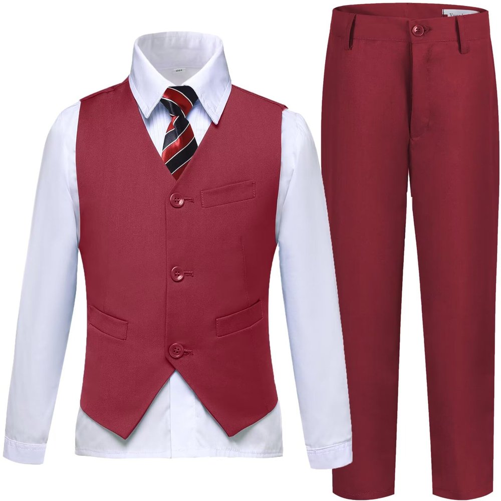 Boys Suits Slim Fit Toddler Kids Burgundy Suits for Boys Dress Vest Pants Set Wedding Ring Bearer Outfits Size 3