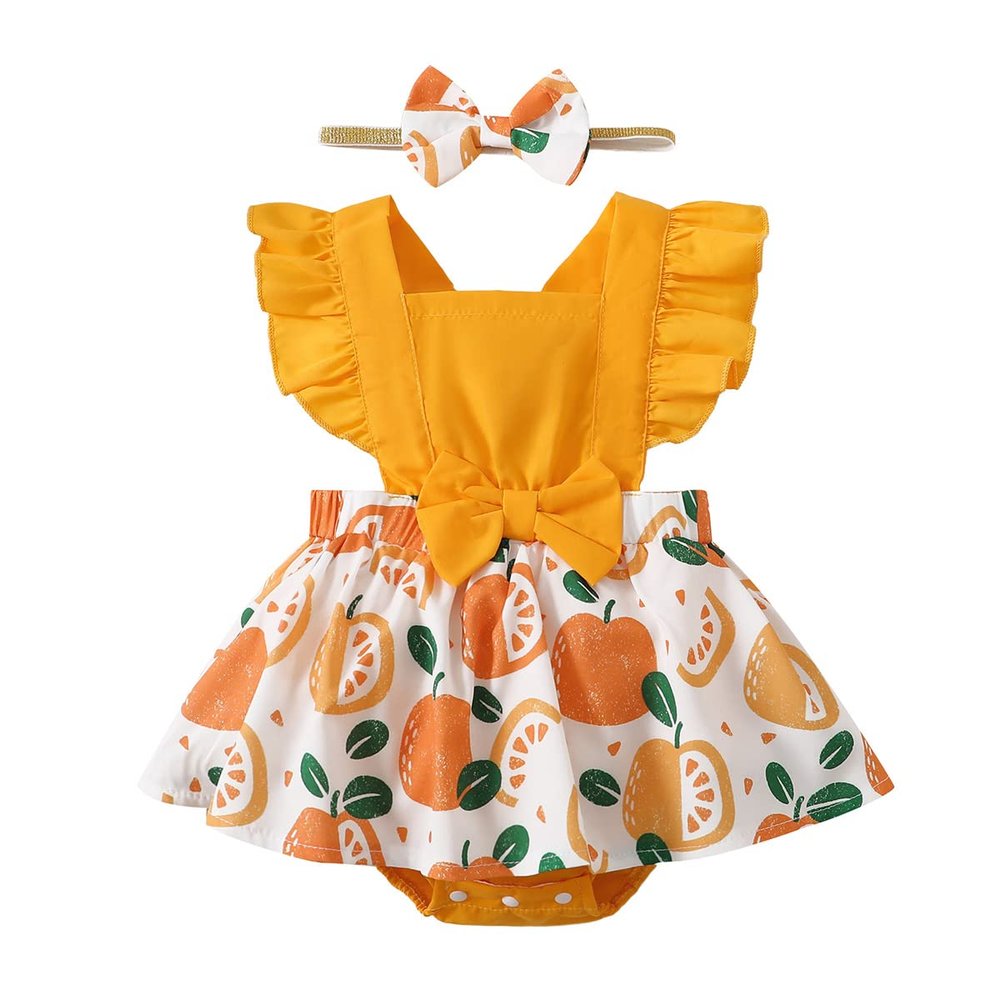 Baby Girl Dress Bowknot Headband 1st First Birthday Cake Smash Outfit One Year Old Party Flutter Sleeve One-Piece Romper Bodysuit Backless Princess Litte Sister Summer Casual Clothes Orange 0-3M