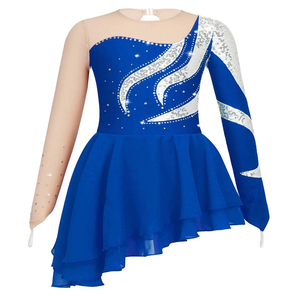 TSSOE Kids Girls Long Sleeve Sequins Printing Ice Roller Figure Skating Dress Illusion Ballet Dancewear E02 6 Years
