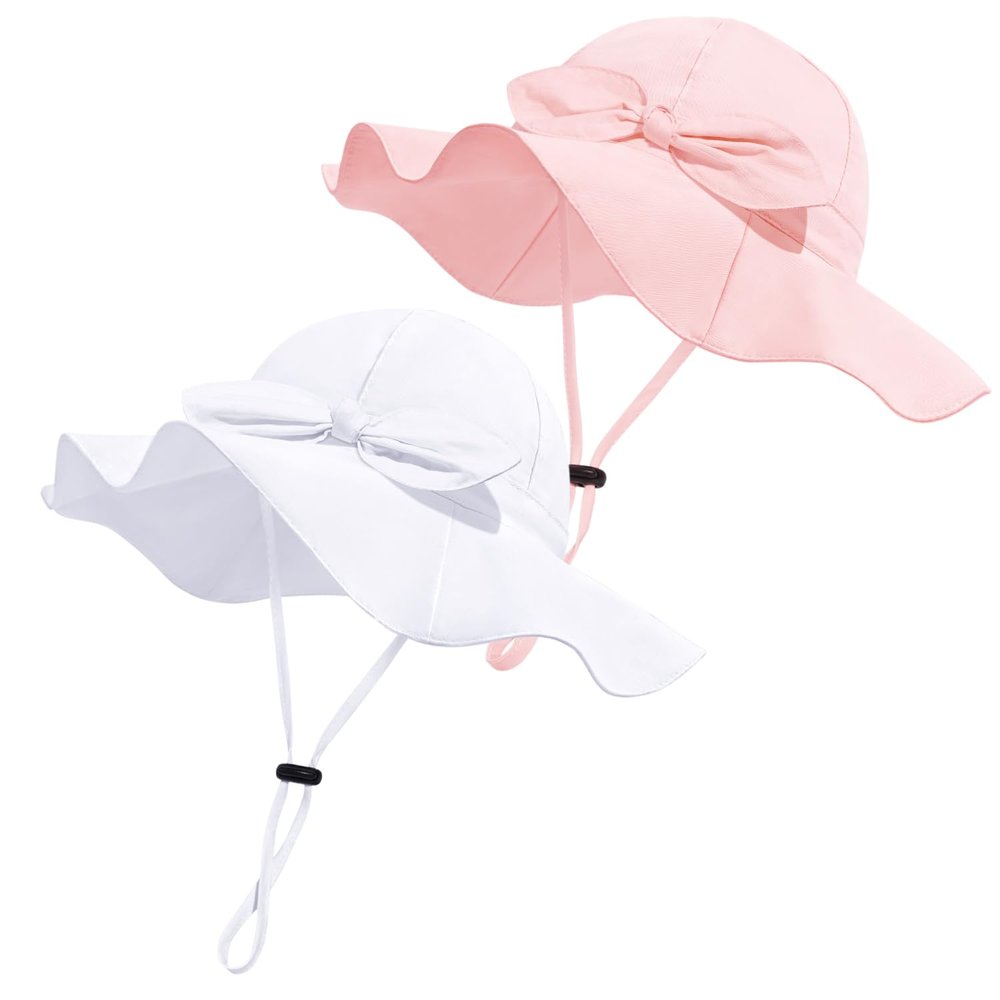 Baby Girl Sun Hat with UPF 50+ Outdoor Adjustable Beach Hat with Wide Brim Bucket Hats (0-6 Months, Pink & White -2pcs)