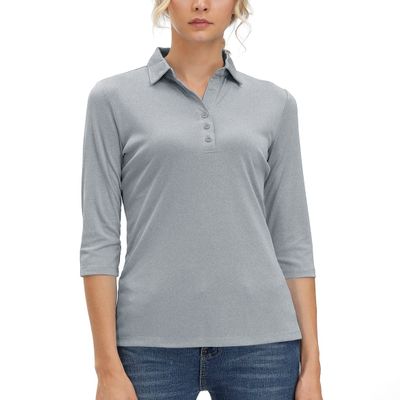 Corna Women's Athletic Cool Dry Fit Performance Flat-Knit 3/4 Sleeve Polo Shirts Tops (Grey-L)