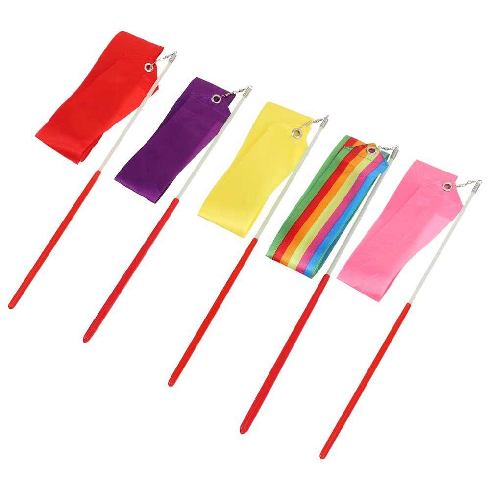 INOOMP 5pcs Gymnastics Ribbons Artistic Dance Streamers Rainbow Colors for Rhythmic Gymnastics and Cheerleading Activities