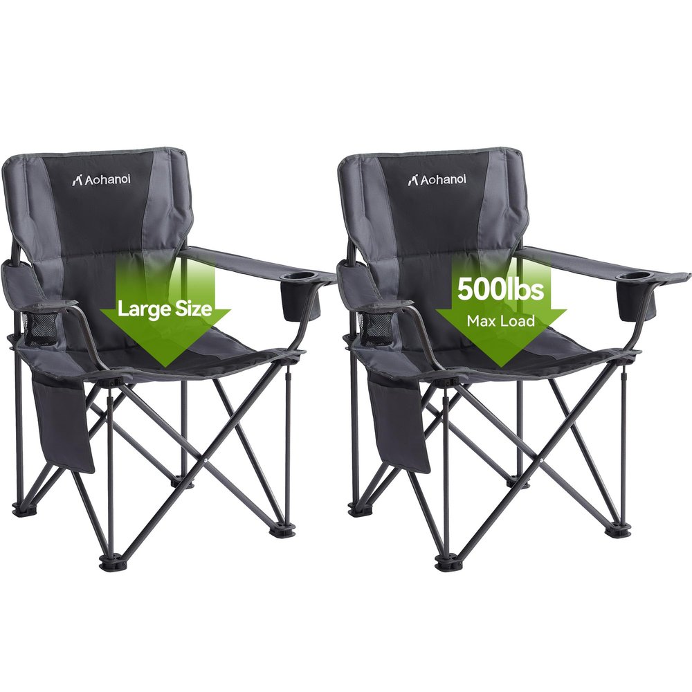 Aohanoi Oversized XL Camping Chairs for Adults, Padded Folding Camp Chair with High Back, Cup Holder & Side Pocket for Outside, Lawn, Beach, Fishing, Sports, Folding Heavy Duty Chairs, Black