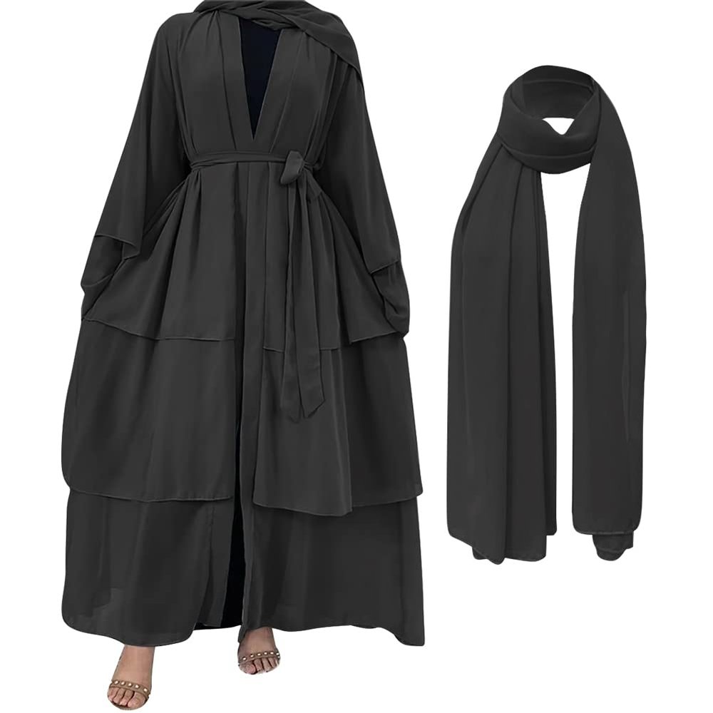 Abayas For Women Muslim Abaya Long Cardigan Kaftan Dresses with Hijab Scarf Middle East Islamic Robe Dresses Full Length Muslim Clothes For Women Dubai Ramadan Dress Black+Hijab Large