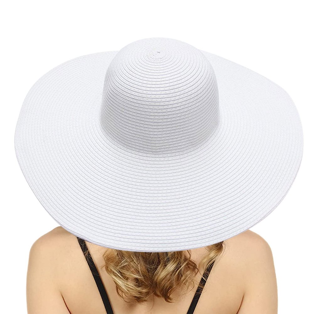 Fashion Wide Brim Straw Hats for Womens Summer Foldable Big Floppy Beach Sun Hats Ladies UV UPF 50+ Vacation Outdoor Caps White