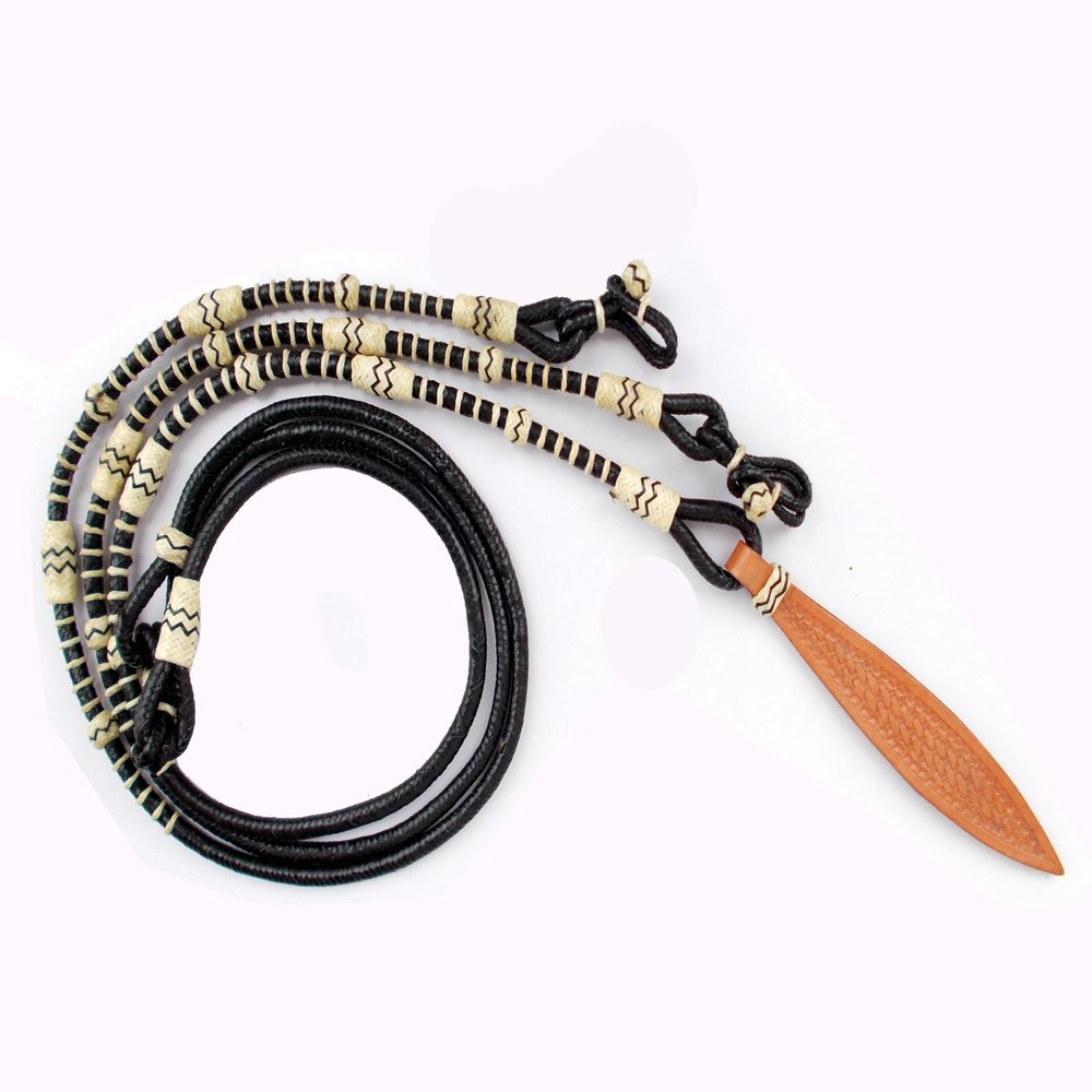 WeavingCraft Black Rope with Natural Knots Raw Hide Leather Horse Tack Hand-Braided Romal Romel Reins Hand Made Ranch Rope/Rope Reins-8.5 Ft, 52' Romel