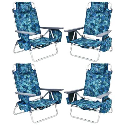 Tangkula Set of 4 Backpack Beach Chair, 5-Position Lay Flat Beach Chairs with Cooler Bag, 2 Cup Holders, Towel Bar, Lightweight Low Folding Beach Chair with Backpack Straps, Navy