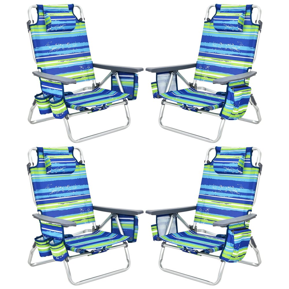 Tangkula Set of 4 Backpack Beach Chair, 5-Position Lay Flat Beach Chairs with Cooler Bag, 2 Cup Holders, Towel Bar, Lightweight Folding Beach Chair with Backpack Straps
