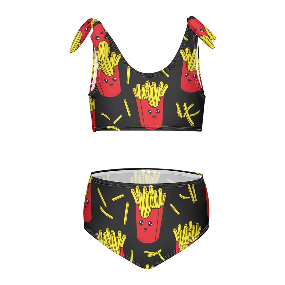 Aflyko Girls' Swimwear French Fries Cartoon 2-Piece Bikini Set Summer Swimsuit Holiday Bathing Suit Hawaii Beachwear Pool Water Sport Tankini Set 4T