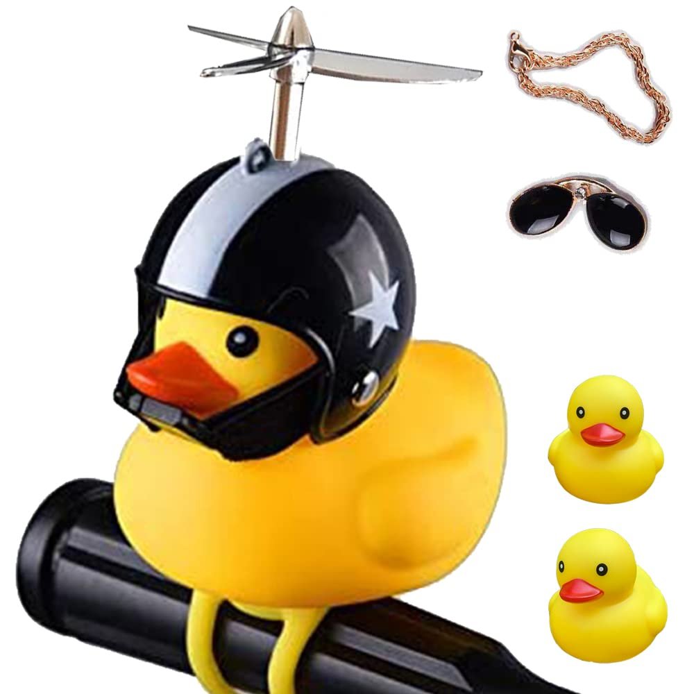 ACEDOAMARE Duck Bike Bell, Cute Rubber Yellow Duck Bicycle Accessories with LED Light Propeller Helmet Squeeze Horns for Cycling Motorcycle Handlebar Bicycle (Black Star)