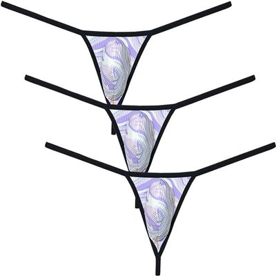 Men's Printed Bikini Thong Underwear Triangle Back G-string Bulge Pouch Bottoms Jocksrtap Tangas 3-Pack(Purple Wave) L