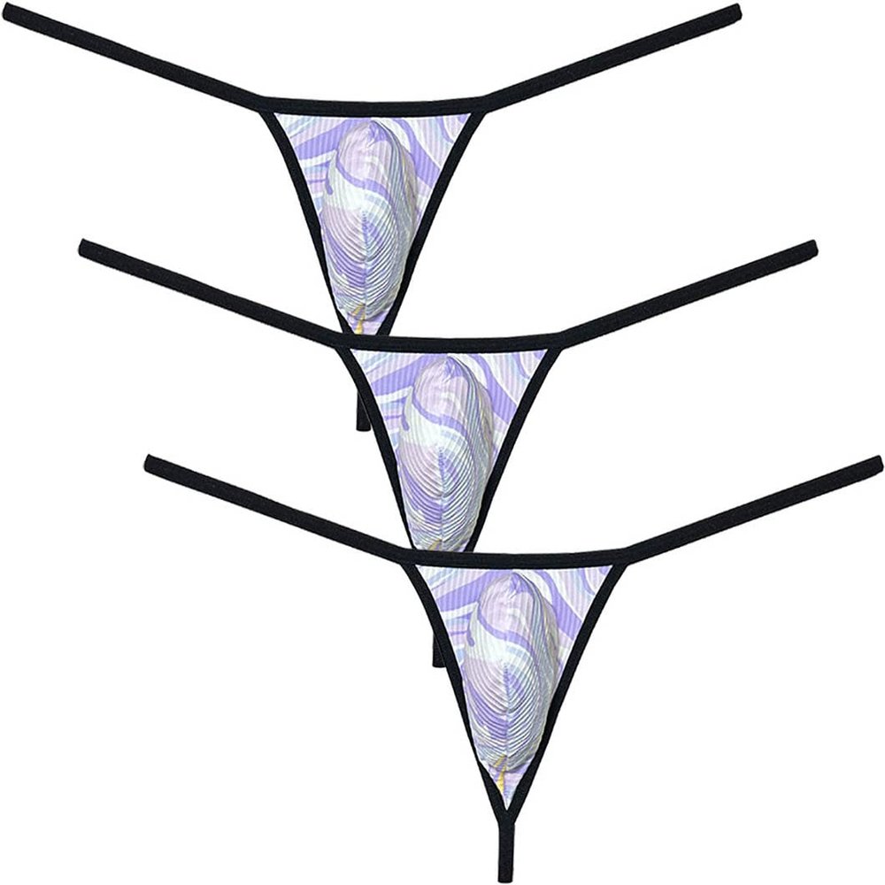 Men's Printed Bikini Thong Underwear Triangle Back G-string Bulge Pouch Bottoms Jocksrtap Tangas 3-Pack(Purple Wave) L