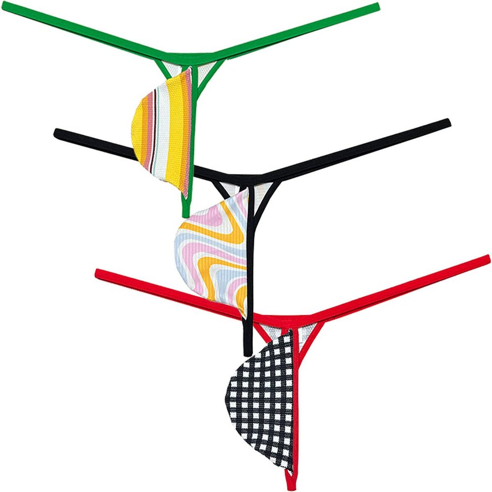 Men's Printed Mini Bikini Thong Underwear Triangle Back G-string Drop Shape Pouch T-back Bottoms 3-Pack(Orange Stripe,Orange Wave,Plaid) XL