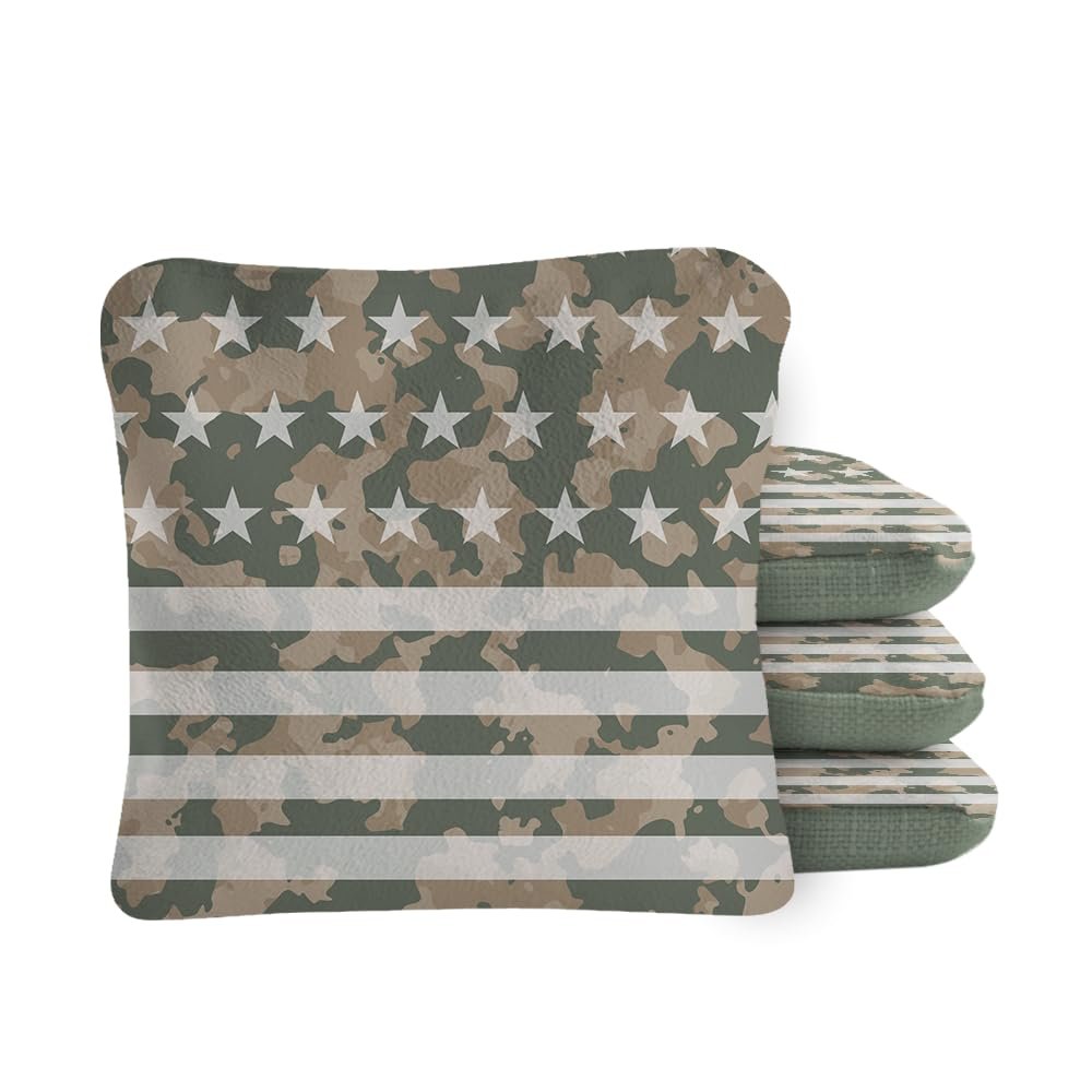 Skip's Garage ACA Synergy Pro Dual Sided Cornhole Bags | American Flag Camouflage Green Design | Set of (4) All-Weather Resin Filled Stick & Slide Corn Hole Bags