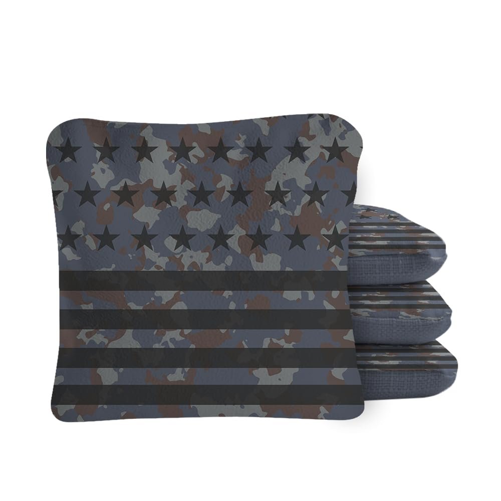 ACA Synergy Pro Dual Sided Cornhole Bags | American Flag Camouflage Navy Design | Set of (4) All-Weather Resin Filled Stick & Slide Corn Hole Bags