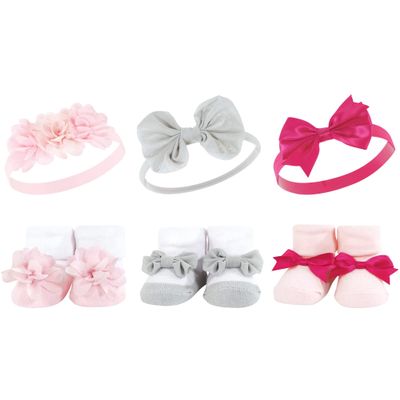 Hudson Baby Infant Girl Headband and Socks Giftset, Pink Gray Flower, One Size