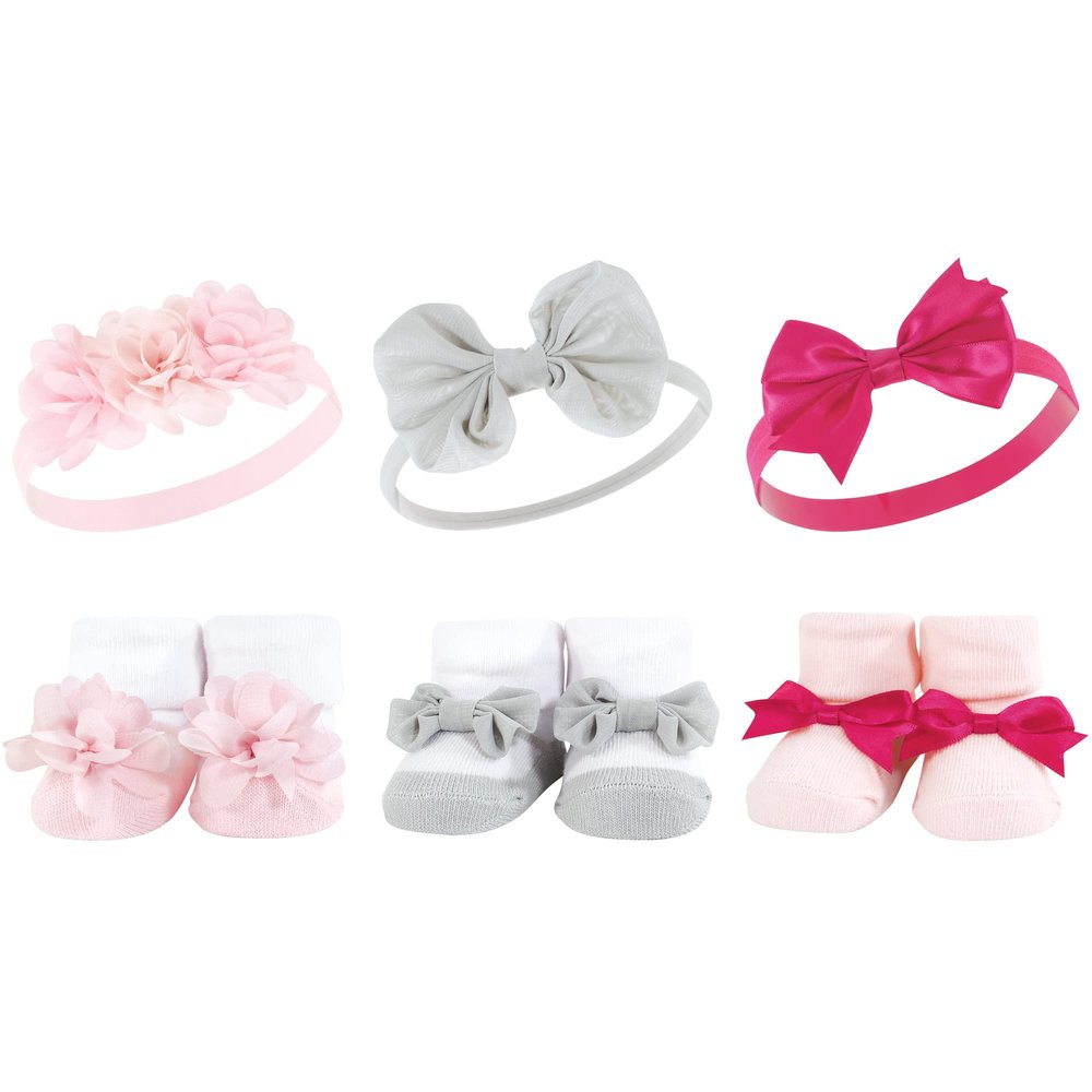 Hudson Baby Infant Girl Headband and Socks Giftset, Pink Gray Flower, One Size