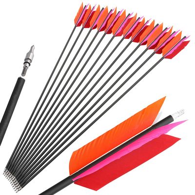 6/12 Pcs 30 Inch Archery Carbon Arrows Target Practice Spine 500 Flu Flu Arrows Small Game Arrows 4 Feathers Fletching with 100 Grain Judo Arrowheads for Practice Targeting (Pink and orange, 12 pcs)