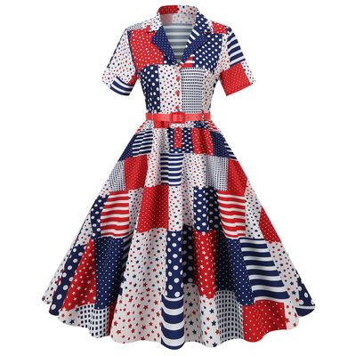 50s American Flag Costume Dress for Women - Vintage Tea Short Sleeve Cocktail Party Rockabilly Prom Patriotic July 4th USA Flag M