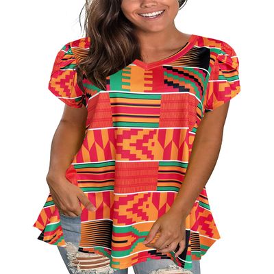Afibi Womens Print Shirt African Dashiki Short Sleeve V Neck Loose Tunic Tops (Small, Red)