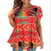 Afibi Womens Print Shirt African Dashiki Short Sleeve V Neck Loose Tunic Tops (Small, Red) view 2