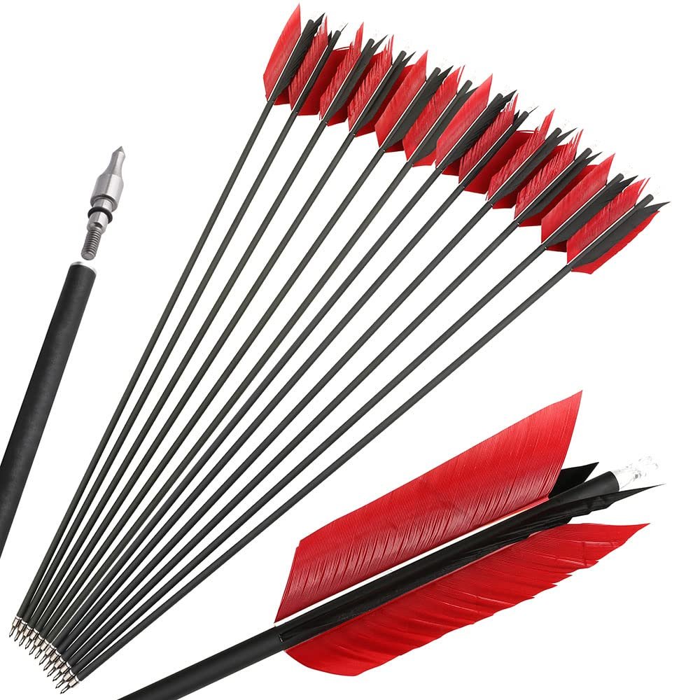 AMEYXGS 6/12 Pcs 30 Inch Archery Carbon Arrows Target Practice Spine 500 Flu Flu Arrows Small Game Arrows 4 Feathers Fletching with 100 Grain Judo Arrowheads for Practice Targeting