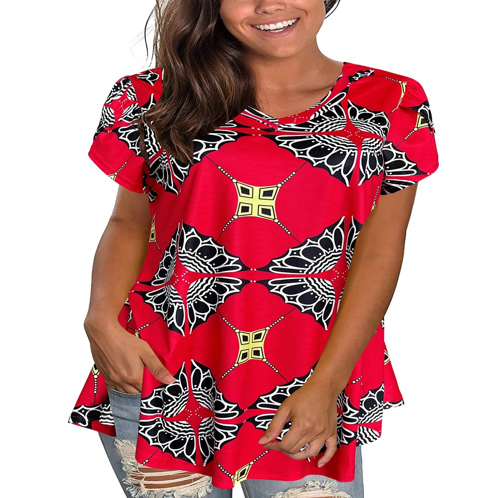 Afibi Womens Print Shirt African Dashiki Short Sleeve V Neck Loose Tunic Tops (Large, Red Yellow)