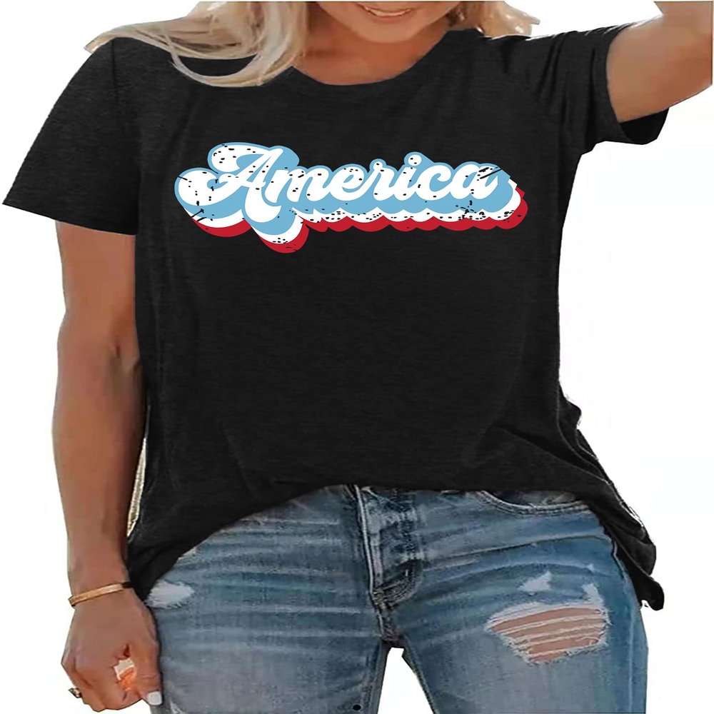 4th of July Shirts for Women America Printed Tshirt Patriotic Vintage USA Tee Tops Black