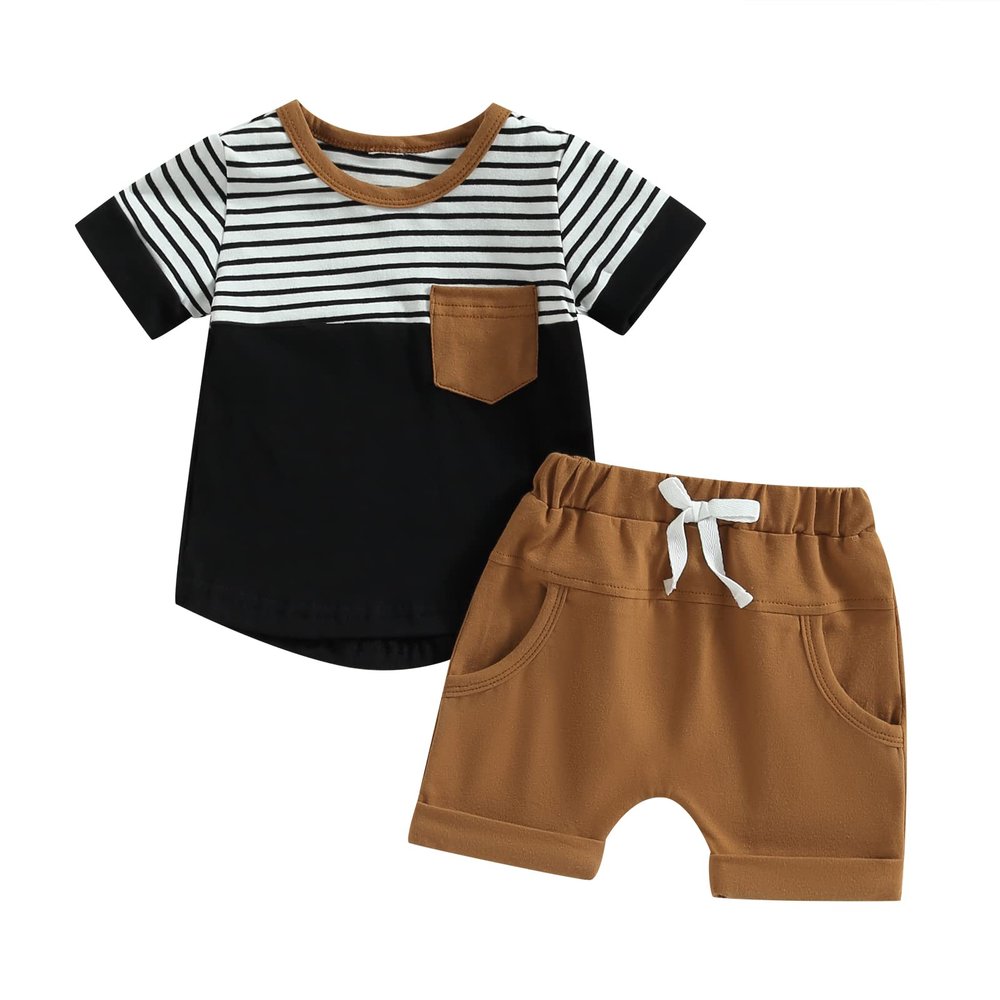 Infant Toddler Baby Boy Outfits Short Sleeve T-Shirt Tops + Shorts Set Solid Summer Clothes with Pockets 2pcs (Brown Stripe, 0-6 Months)