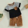 Infant Toddler Baby Boy Outfits Short Sleeve T-Shirt Tops + Shorts Set Solid Summer Clothes with Pockets 2pcs (Brown Stripe, 0-6 Months) view 2