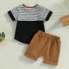 Infant Toddler Baby Boy Outfits Short Sleeve T-Shirt Tops + Shorts Set Solid Summer Clothes with Pockets 2pcs (Brown Stripe, 0-6 Months) view 3