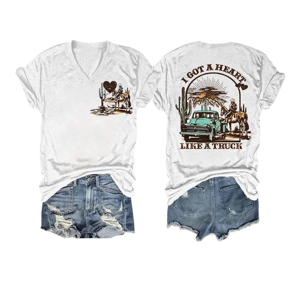 I Got A Heart Like A Truck Tank Top Print Heart Shirt Country Western Shirts for Women Vintage V Neck T-Shirt Casual Tee Shirt Fun Print T White Western Cowboy Sunset T-Shirt