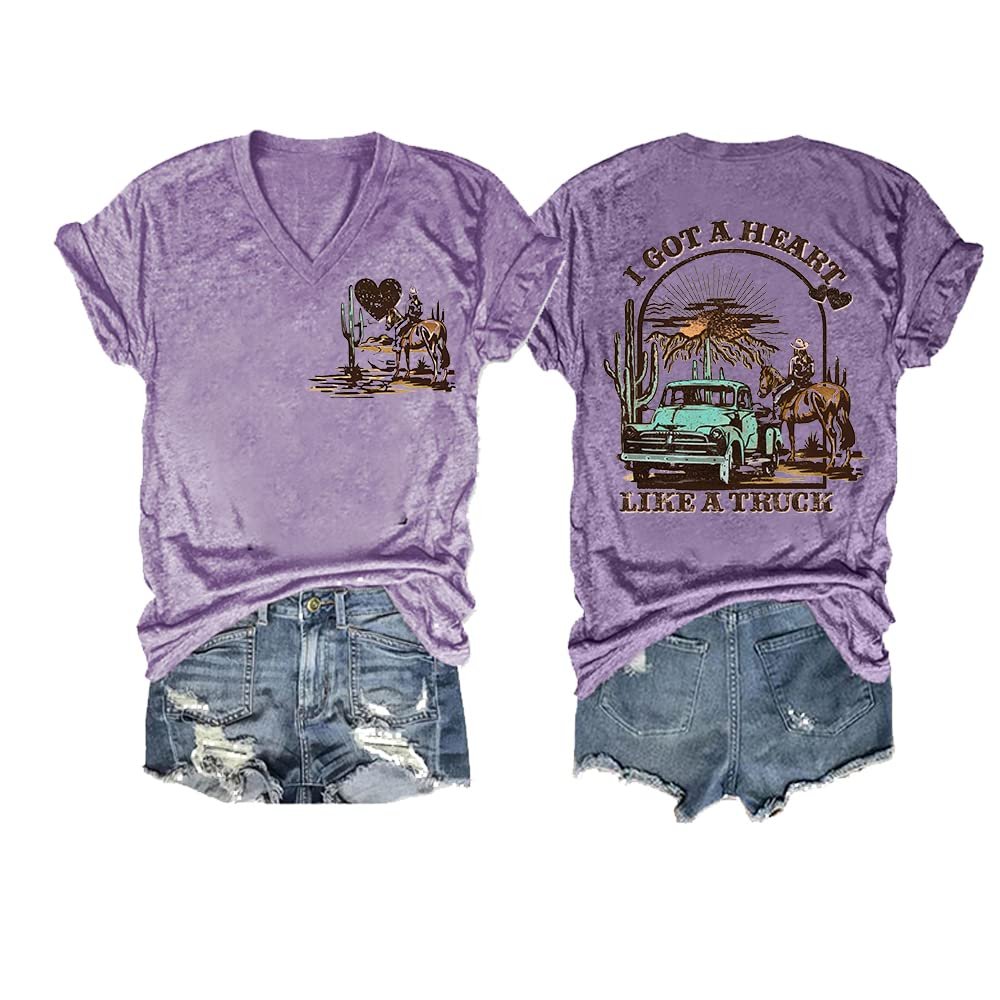 I Got A Heart Like A Truck Tank Top Print Heart Shirt Country Western Shirts for Women Vintage V Neck T-Shirt Casual Tee Shirt Fun Print T Purple Western Cowboy Sunset T-Shirt