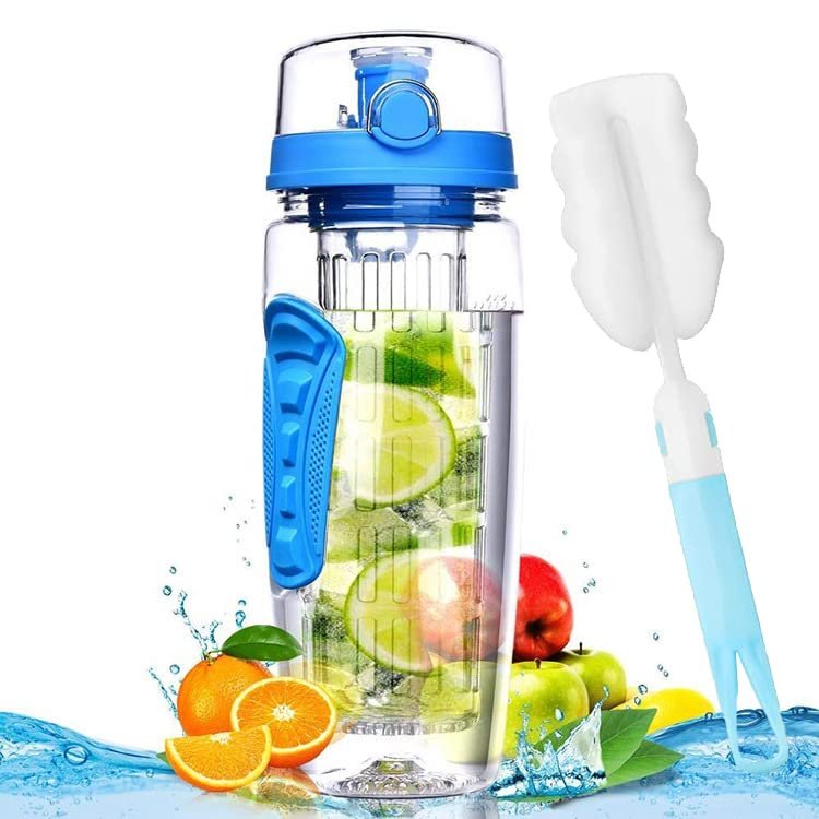 32 OZ Fruit Infuser Water Bottle,BPA Free Fruit Infusion Sports Bottle,Leak Proof Plastic Diffuser Water Bottles,Durable Tritan,Flip Lid,Reusable for Men Women Camping Hiking Gym Travel (Blue)