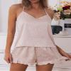 CHYRII Women's Sexy Ruffled Silk Satin Two Piece Pajamas Sets Racerback Cami Tops Shorts Sleepwear Champagne Leopard L view 3