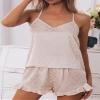 CHYRII Women's Sexy Ruffled Silk Satin Two Piece Pajamas Sets Racerback Cami Tops Shorts Sleepwear Champagne Leopard L view 4