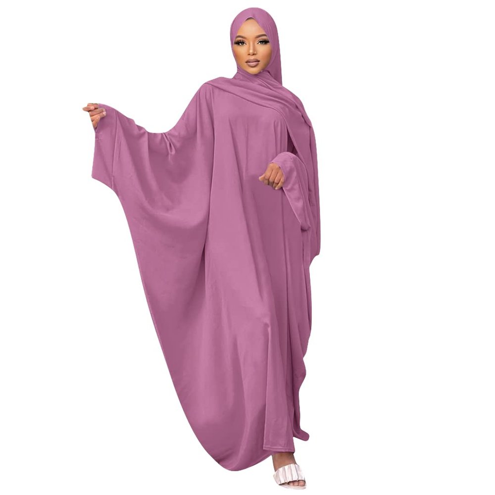 Abayas for Women Muslim Farasha Kaftan Dresses Women Islamic Ethnic Dress Womens Dubai Modest Morocco Party Long Dress Islamic National Robe Tight Knit Dress Purple Pink (with Hijab) One Size