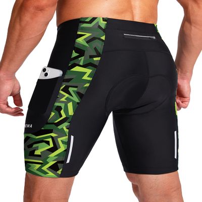 Men's Bike Shorts 3D Padded Cycling Road Biking Underwear Mountain Riding Biker Bicycle UPF 50+ Cycle Shorts Zipper Pockets(Black/Green Polygon,L)