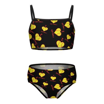 I Love Softball Heart Girl's Two Piece Swimsuit Beach Sport Swimwear Bikini Set Bathing Suit 9-11Y140cm