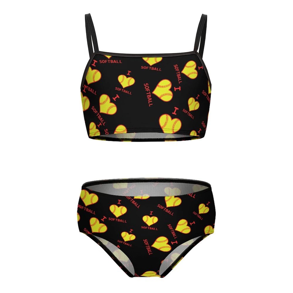 I Love Softball Heart Girl's Two Piece Swimsuit Beach Sport Swimwear Bikini Set Bathing Suit 9-11Y140cm