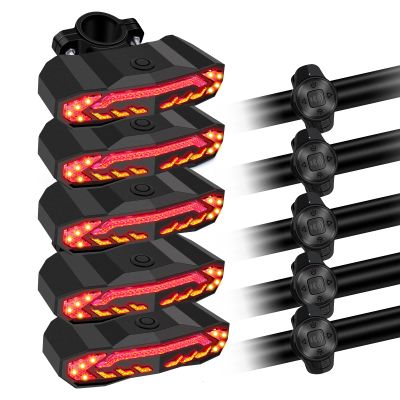Bike Tail Light with Upgraded Remote Control, Bike Brake Light Turn Signals, USB Rechargeable Remote Bicycle Rear Light - 6 Light Modes, IP54 Waterproof. Auto On/Off, Anti-Theft, Horn (5Set)