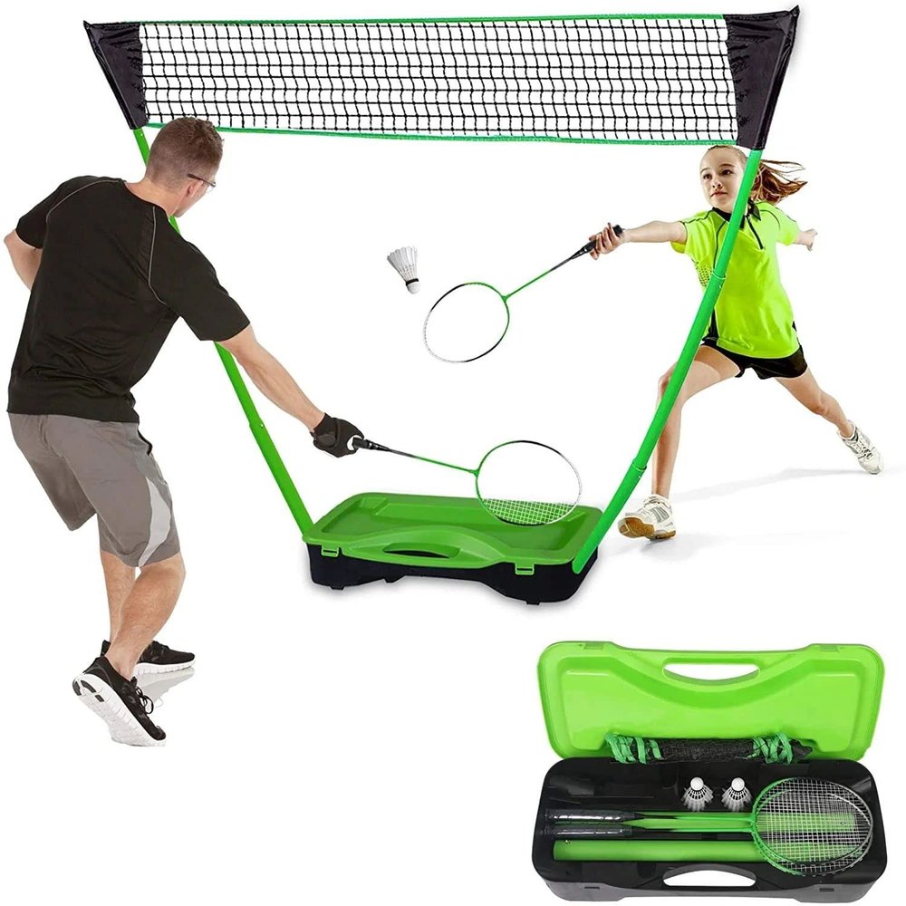 Portable Badminton Net Set Storage Box Base with 2 Battledores 2 Shuttlecocks,Green