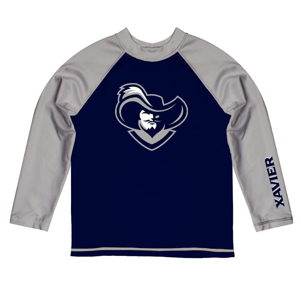 Vive La Fete Xavier University Rash Guards for Kids, Infants and Toddlers with College Logo - Polyester, Moisture Wicking Soft Fabric